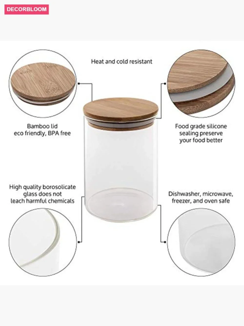 Set of 5 Glass Kitchen Canisters with Airtight Bamboo Lids